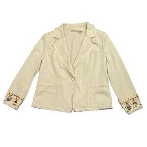 Drapers & Damons Blazer 14P Petite Beige Linen Look Jacket Beaded Cuffs Fringe